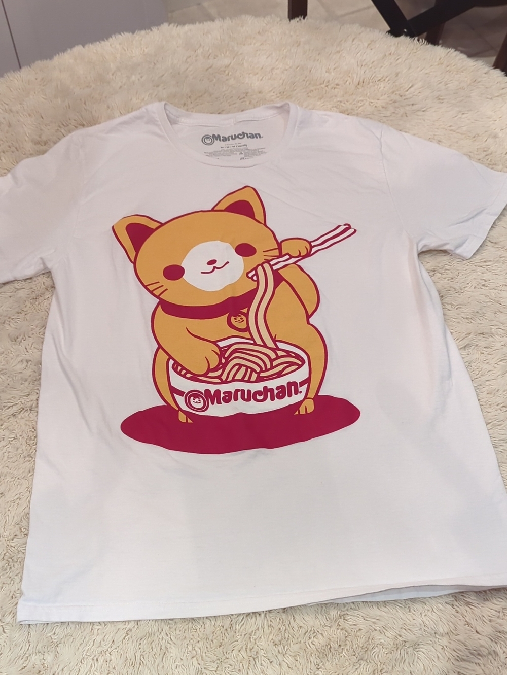 White T-Shirt with Yellow Cat Ramen Graphic